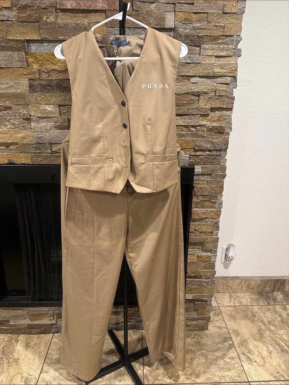 Women's Tan Tailored Vest & Wide-Leg Trousers size M